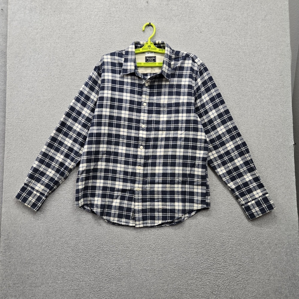 Abercrombie & Fitch Men Button Up Shirt XL Navy Plaid Flannel Long Sleeve Collar